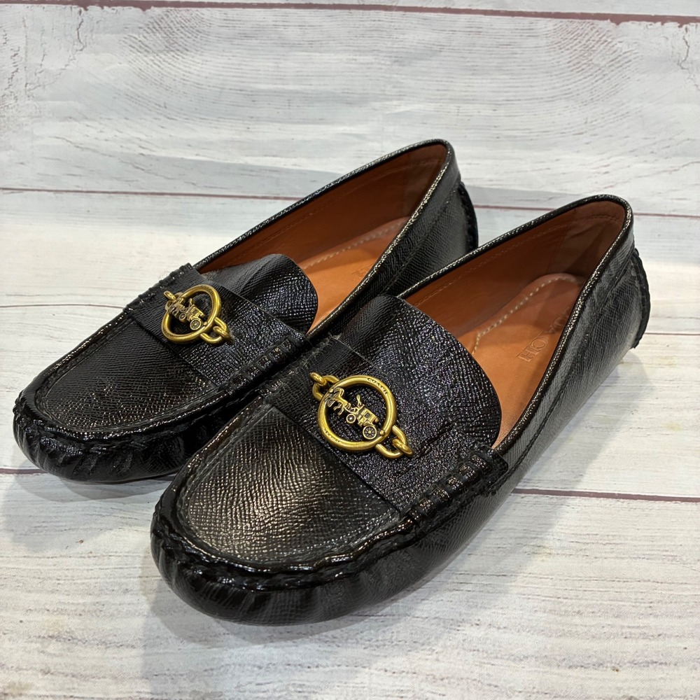 Coach Marley Driver Loafers Womens 9B Black Horse & Carriage Leather Flats